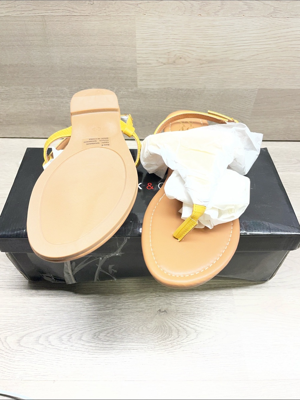 New York & Company Yellow T-Strap Flat Sandals with Ankle Buckle #201
